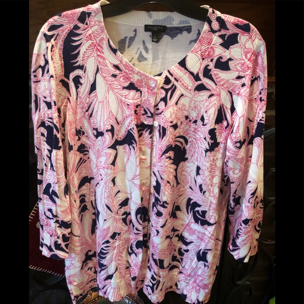 Talbots Pink/Blue print beaded cardigan